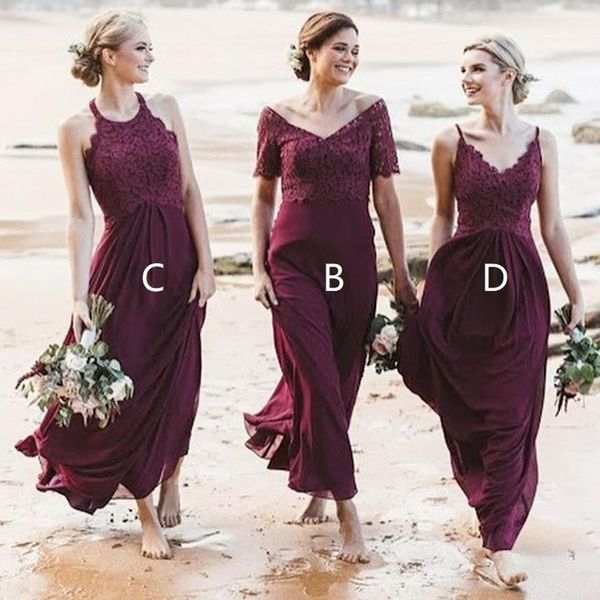 Elegante playa Borgoña País Vestidos de dama de honor Mezclar y combinar Estilo Top Encaje Hasta el suelo Gasa Vestidos de fiesta de boda Dama de honor barata