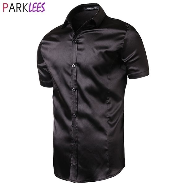 Chemise en satin noir élégant hommes d'été à manches courtes en soie comme chemises habillées pour hommes Casual Party Wedding Event Prom Chemise Homme 210522