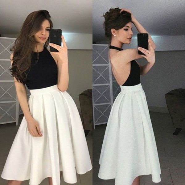 Elegantes vestidos de fiesta en blanco y negro Vestidos de fiesta sexys con cuello halter y espalda abierta hasta la rodilla Vestidos de fiesta cortos por encargo Una línea de baile Dres197u