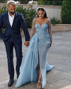 Élégant bleu sirène robes de mariée manches longues col en V appliques paillettes 3D dentelle fente latérale longueur de plancher plus la taille robes de mariée sur mesure abiti da sposa