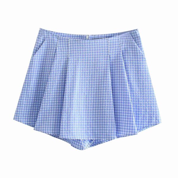 Élégant Bleu Plaid Taille Haute Femmes Shorts D'été Casual Doux Mini Shorts Chic Femme Outwear 210521