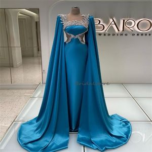 Stijlvolle Blauwe Saoedi-Arabische Avondjurk 2024 Capemouwen Kralen Dubai Turkije Galajurk Zeemeermin Verjaardag Formele Gelegenheidsjurk Vestidos De Noche Abaya Chic