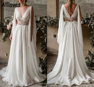 Stijlvolle boho strand trouwjurken met sweep trein lange mouwen wraps sheer v nek elegante kanten bruidsjurken een lijn chiffon backless eenvoudige gewaden de mariee CL0474