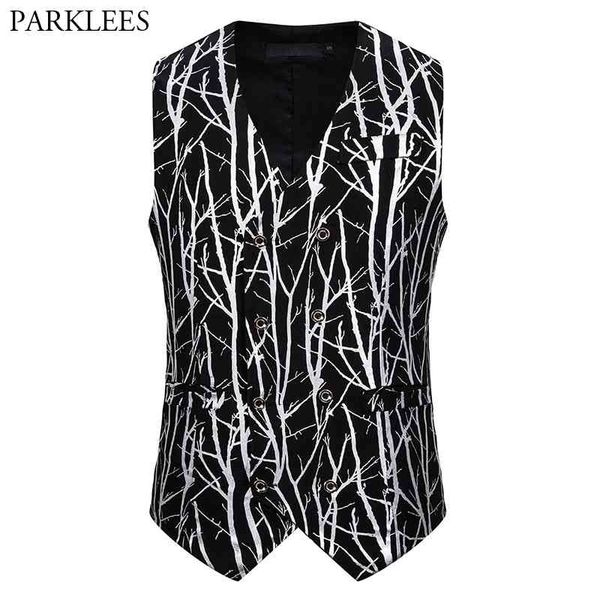 Branches élégantes Gold Print Vests Mens Gilet Marque Double Breasted Costume Gilet Hommes Causal Club Party Mariage Chaleco Hombre 210522