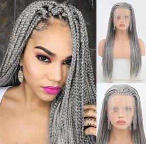 Perruque avant en dentelle tressée gris argenté Charisma élégante avec des cheveux de bébé pour les femmes noires - Perruque de tresses en boîte de partie synthétique - 2038391