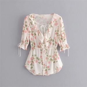 Élégant Chic Rose Imprimer Volants À Lacets Mini Robe Femmes Élégantes Robes À Col En V Casual Streetwear Filles Robes 210531