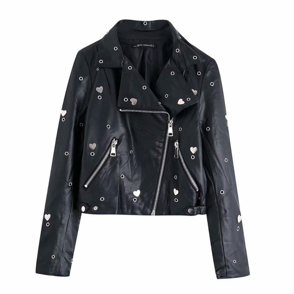 Élégant Chic Paillettes Broderie Pu Veste En Cuir De Mode Coeur Anneau Conception Moto Femmes Veste Casual Cool Survêtement 210520