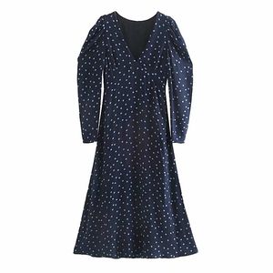 Stijlvolle chique slanke punt gedrukte jurk herfst mode vrouwen v-hals jurken elegante dames lange mouwen middenkalf vestidos 210520