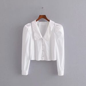 Stijlvolle Chic White Poplin Sieraden Gesp Korte Blouse Mode Revers Collar Lange Mouwen Shirts Tops Casual High Street 210520