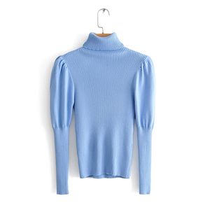 Élégant Chic femmes bleu doux mince pull Za mode femme col roulé moulante tricots décontracté Laides pull 210531