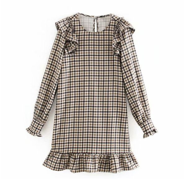 Élégant plaid classique mini robe à volants à carreaux droits à manches longues à manches longues femelles sweet es vestidos 210430