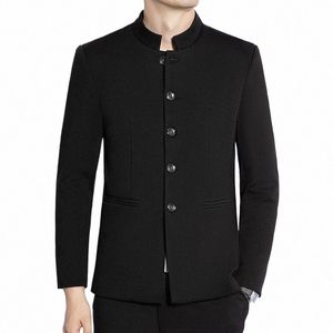 Vêtements élégants Hommes Noir Col Mandarin Blazer Vestes Pour Hommes Grande Taille Zhgshan Costumes Chinois Fi Grande Taille Mari B93d #