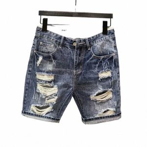 Élégant Confortable Trendy Designer De Luxe Coréen Hommes Cargo Jeans Rétro Bleu Distred Trous Déchirés Été Casual Denim Shorts 11y0 #