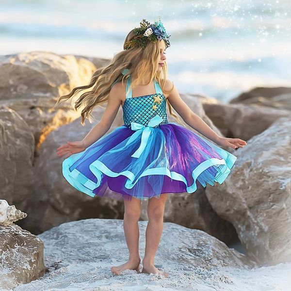 Élégant cosplay princesse flower girl robes the Little Mermaid for Beach Wedding Toddler Pageant Gowns Tulle Gnee Longue Party Robe 415