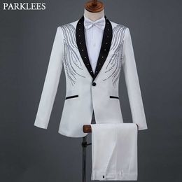 Broderie en cristal élégant costume blanc hommes patchwork châle collier un bouton costume pantalon hommes de mariage smoking costume homme 210522