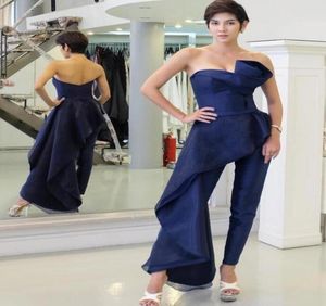 Stijlvolle donkere marine jumpsuit avondjurken voor dames prom jurken Organza overskirt feestjurken Pant Suits cocktailjurken7964308