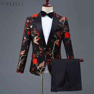 Elegante bordado vestido floral traje hombres slim fit un botón trajes para hombre con pantalones escenario cantante boda novio esmoquin traje 4xl 210522