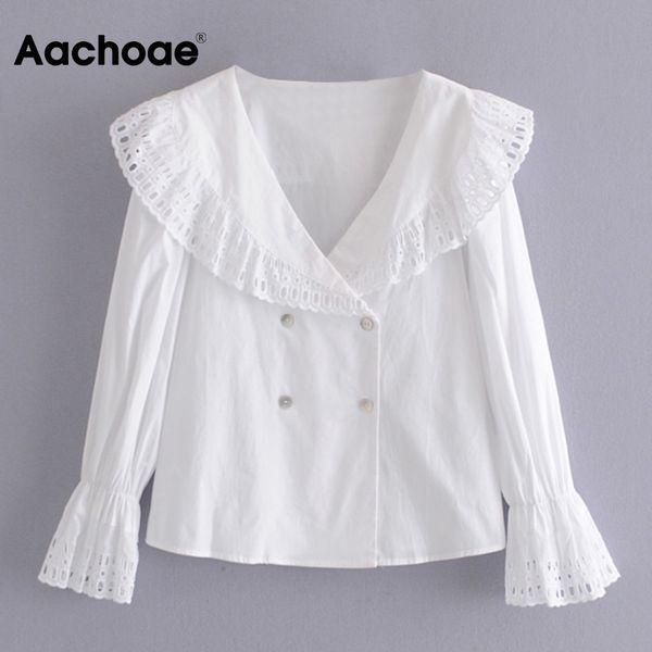 Elegante camisa blanca bordada para mujer primavera otoño Flare manga larga Chic señoras Tops doble botonadura blusa Vintage 210413