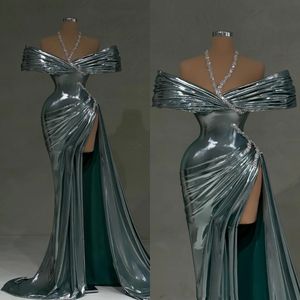 Stijlvolle avondjurken Halter Prom -jurken Crystal Custom Made High Split Off Shoulder Sweep Train Party Dresses Vestidos de Noche