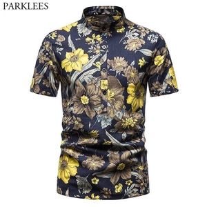 Stijlvolle Floral Baggy Katoen Linnen Mens Hawaiian Shirts Banded Collar Half Button Beach Shirts Mannen vakantie vakantie aloha shirt 210522