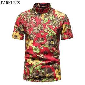 Élégant Floral Hommes Chemises Hawaïennes Marque Banded Col Demi Bouton Plage Chemise Hommes Vacances Vaction Tropical Aloha Chemise Homme 210522