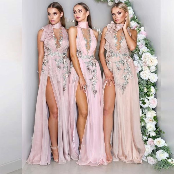 Elegantes vestidos de dama de honor con apliques de flores Halter Neck Side Split Vestidos de dama de honor Hasta el suelo Gasa Vestido de boda para invitados