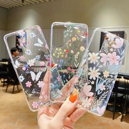 Élégant Fleur Dentelle Cas Pour Samsung S23 S22 Ultra S21 FE Plus A13 A53 A33 A73 Note 20 A12 A32 A42 A52 A72 A22 Doux Clair TPU Floral Transparent De Luxe Téléphone Couverture Arrière