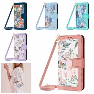 Stijlvolle bloemenleren portemonnee kisten voor iPhone 15 Plus 14 13 Pro Max 12 x XS XR 8 7 Hawaiiaanse vlinder bloemen krediet ID Card Slot Flip Cover Lady Crossbody Schouderband