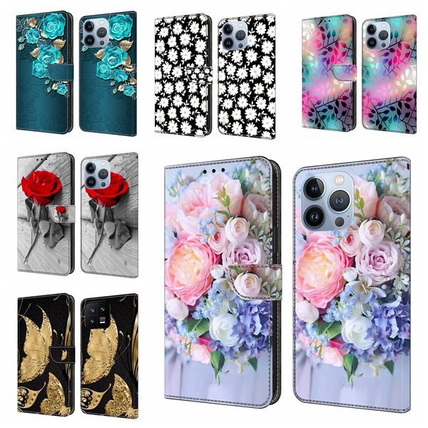 Étuis portefeuille en cuir PU à fleurs élégantes pour iPhone 15 Plus 14 13 12 11 Pro XS MAX XR X 8 7 6 Papillon Floral Rose Cheval Tigre Chat Titulaire Fente pour Carte D'identité Flip Cover Book Pouch