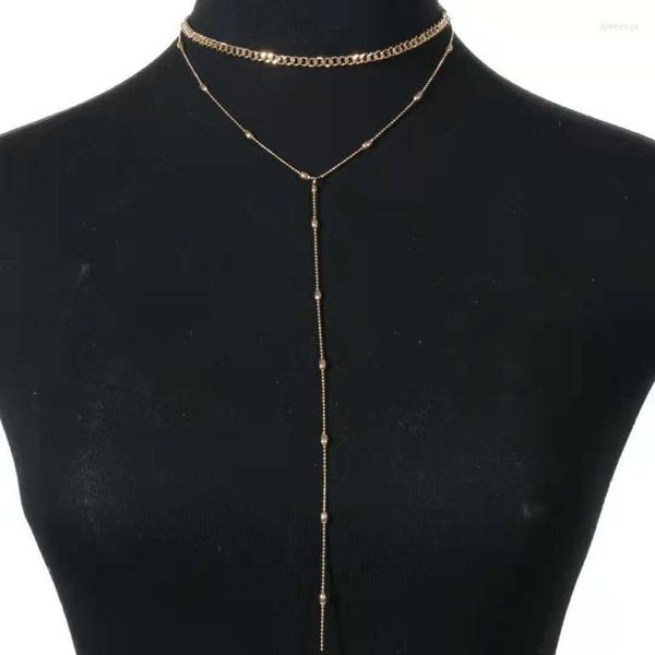 Elegante y hermoso colgante largo tipo Y, cadena de cuentas ovaladas dobles simples, temperatura dorada apilada con collar de clavícula, collares femeninos