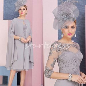 Stijlvolle grijze moeder van de bruidjurk met jas elegant knielengte chiffon kort 2-delig bruiloftsgast feestjurk kant moeder avond formele outfit vestidos para mujer