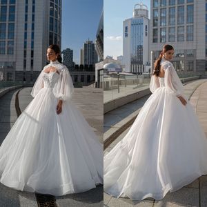 Elegante vestido de novia de cuello alto Apliques de encaje Vestidos de novia Mangas abullonadas Una línea de manga larga Robe de mariee