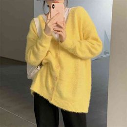 Stijlvolle Koreaanse V-hals Warm All Match Classe Vrouwen Losse Streetwear Cardigans Hoge kwaliteit Sweaters 210525