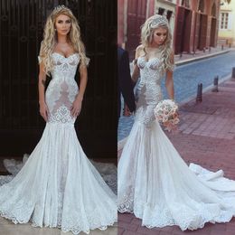 Élégant dentelle sirène robe de mariée sexy hors épaule sans manches appliques à lacets dos ouvert robe de mariée sur mesure balayage train Br2792