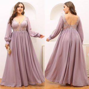 Stijlvolle kanten plus size size jurken Deep V nek Backless prom -jurken met lange mouwen een lijn vloerlengte Chiffon speciale ocn jurk 407