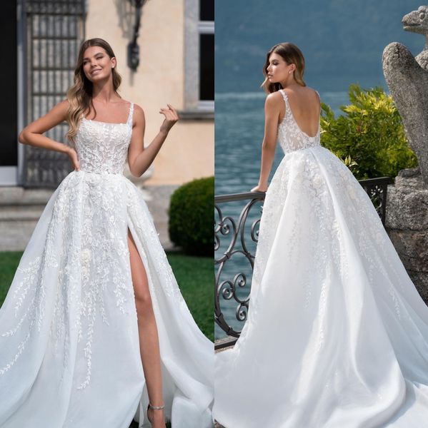 Elegantes vestidos de novia de encaje Vestidos de novia con apliques Cuello cuadrado Una línea Lateral Dividir Tren de barrido Tul robe de mariee