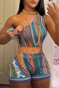 Stijlvolle dame abstract geprint 2 -delige set vrouwen een schouder crop top en shorts pakken 2024 zomer sexy club feest outfits