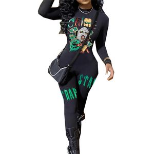 STIJLVOLLE DAME Cartoon Brief Gedrukt Hip Hop Rompertjes en Jumpsuits 2024 Herfst Vrouwen Lange Mouw O Hals Bodycon Sexy club Overall