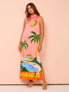Stijlvolle dame contrast kleur tropisch bedrukte jurk 2024 zomer dames mouwloos o nek casual los satijnen lang strand zonsondergang