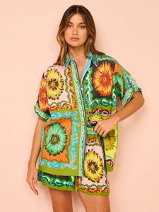 Elegante dama floral playa estampada 2 piezas set mujeres camisa de media manga y pantalones cortos 2024 trajes de vacaciones sueltas de verano