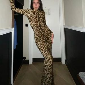 Vestido largo con estampado De leopardo para mujer, elegante vestido largo con estampado De leopardo, manga larga y cuello redondo, Sexy, para fiesta y discoteca, 2024