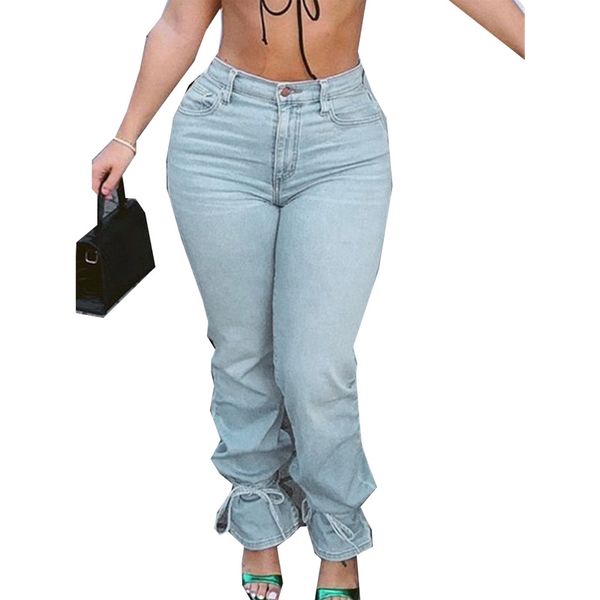 Pantalon en Denim élégant pour femme, avec lettres imprimées, taille haute, poches, slim, bleu clair, Club, rue, automne 2024
