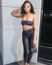 STYLISH LADY Lettre Imprimé Slim 2 Pièces Tenues Haut Court Sans Bretelles Et Pantalon Skinny Costumes 2024 Été Sexy Club Party Jogger Survêtements Noirs