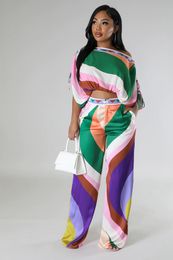Stijlvolle dame patchwork gedrukt elegante 2 -delige set vrouwen schuine nek crop top en rechte broek pakken 2024 zomer ol outfits