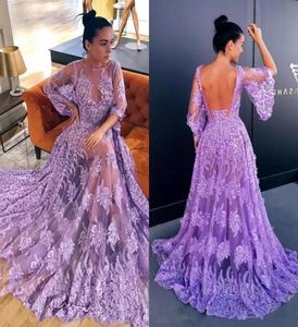Stijlvolle lavendel prom jurken glamoureuze kantapparaten 12 dichter mouwen avondjurken open terug speciale gelegenheid jurk de festa1040505