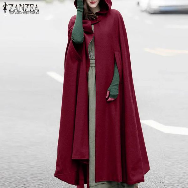 Élégant longue Cape Cape ZANZEA femmes à capuche laine mélange manteau manteau automne sweats à capuche Poncho chaud Cosplay vestes vêtements d'extérieur coupe-vent 231228