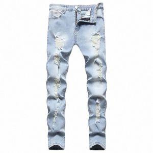 Hommes élégants trous maigres mendiant jean pantalon hommes Stretch déchiré bonne qualité Slim Denim pantalon mâle vêtements 73DA #