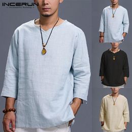 Camisas masculinas elegantes de algodão, manga de três quartos dobrada, gola em v, simples, estilo chinês, camisetas soltas, roupas masculinas cj273s