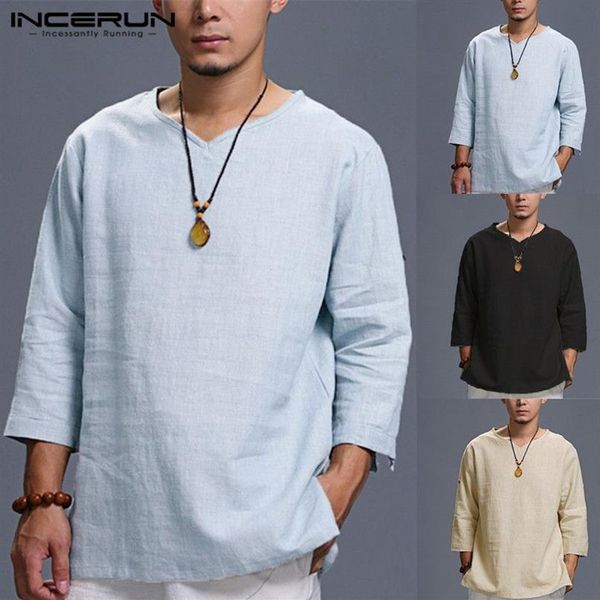 Chemises élégantes pour hommes en coton manches trois quarts pliées col en V uni style chinois t-shirt hauts amples homme Camisas hommes vêtements CJ228K