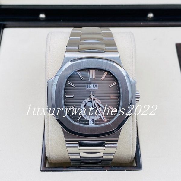 Montre Homme Élégante 40mm Cadran Gris Jour Semaine Mois Affichage Acier Inoxydable Mécanique Automatique 5726 Montre Homme Verre Saphir Business